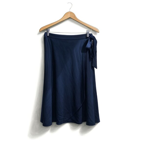 J.Crew Factory Petite Linen-Blend Faux-Wrap Skirt Women's PS Navy Linen Classic - Picture 1 of 16